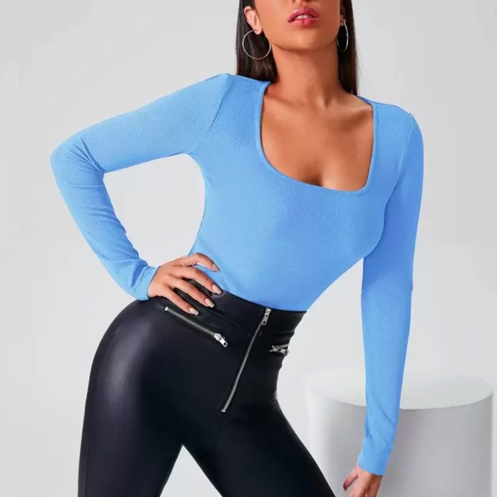 Square Neck Rib Knit Long Sleeve Tee